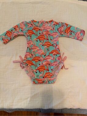 Ruffle Butts Flamingo Print Long Sleeve Rashguard - Turquoise & Pink